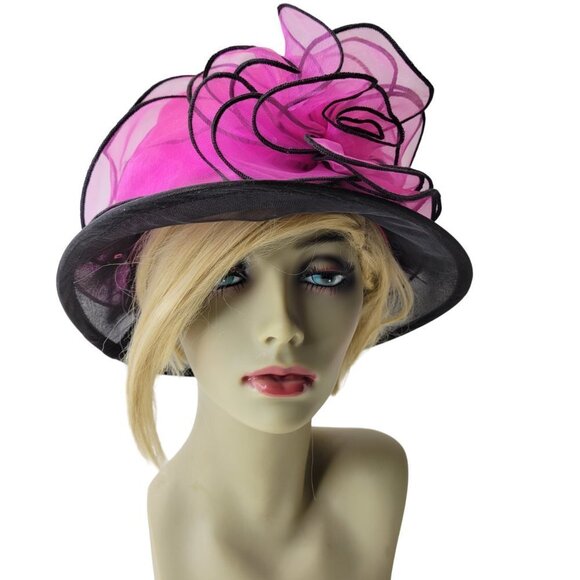 Pink and Black Ruffles Organza Packable Adjustable Dress Hat - Picture 1 of 16